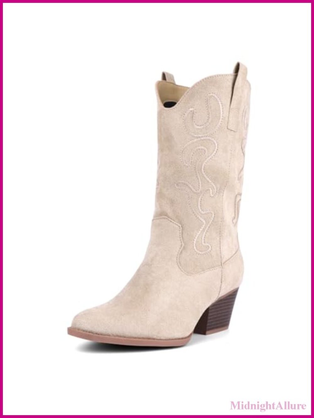 Faux Suede Cowboy Boots Mid Calf Western Embroidered Block Heel